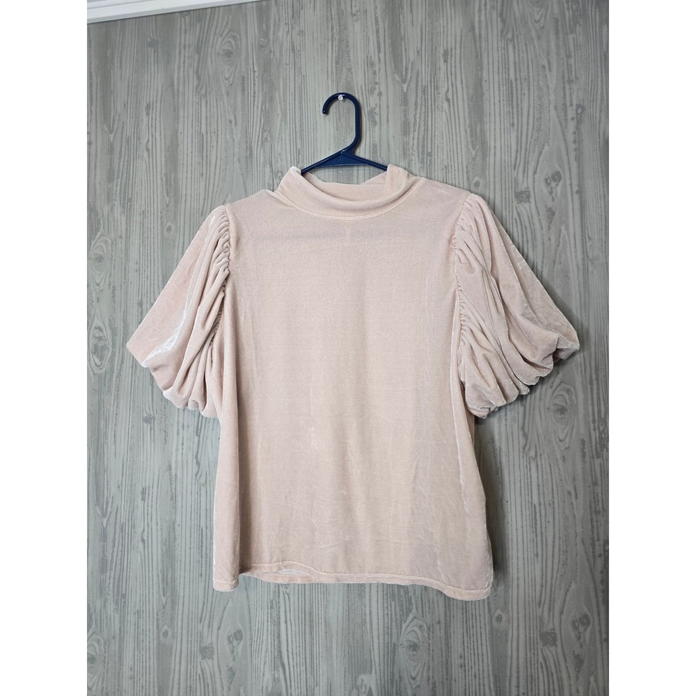 Free People Claudia Velvet Top Womens Medium Blush Pink Puff Sleeve Mock Neck